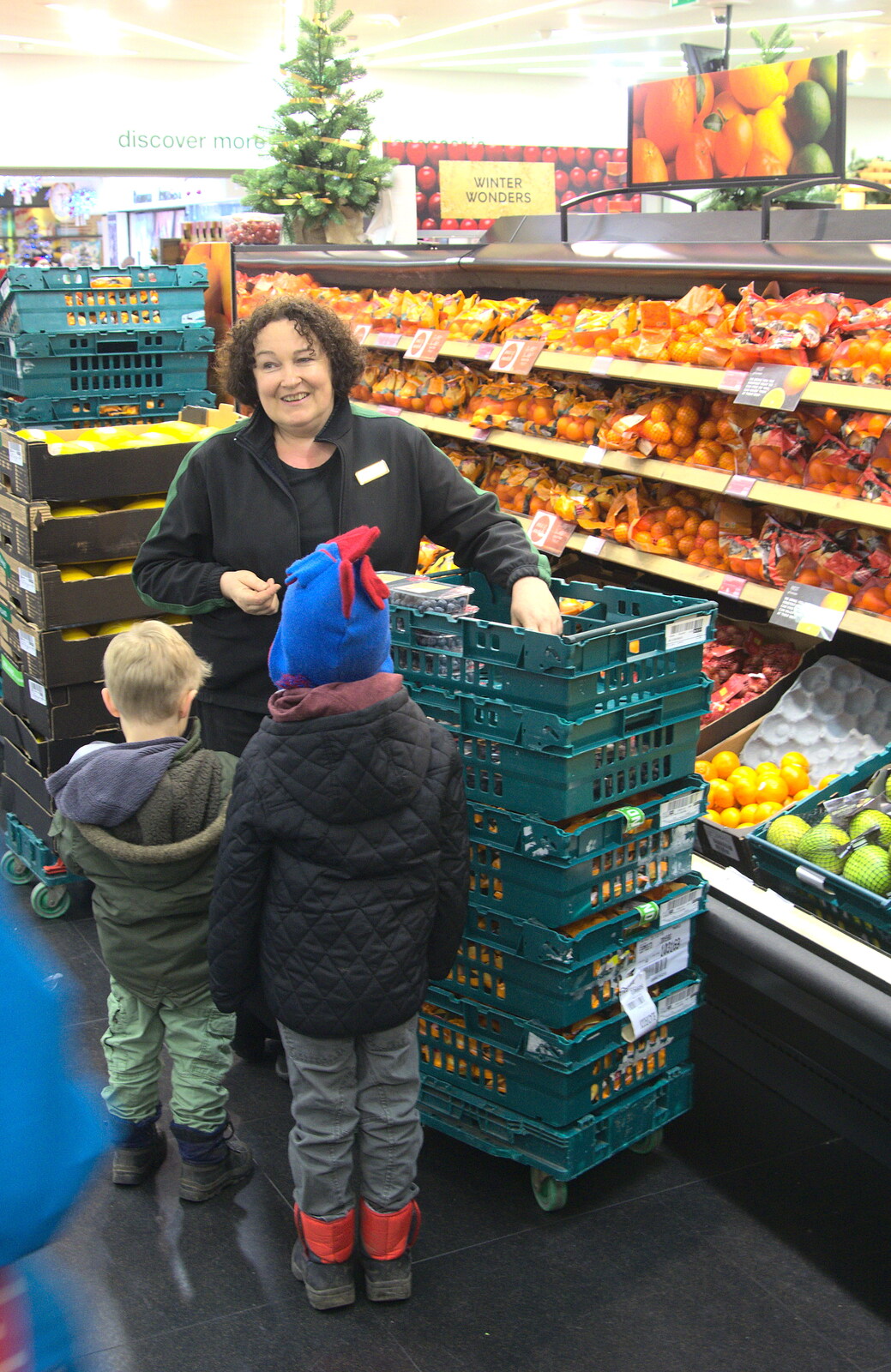 Louise stacks fruit in Marks and Spencer from Conwy, Holyhead and the Ferry to Ireland - 21st December 2015