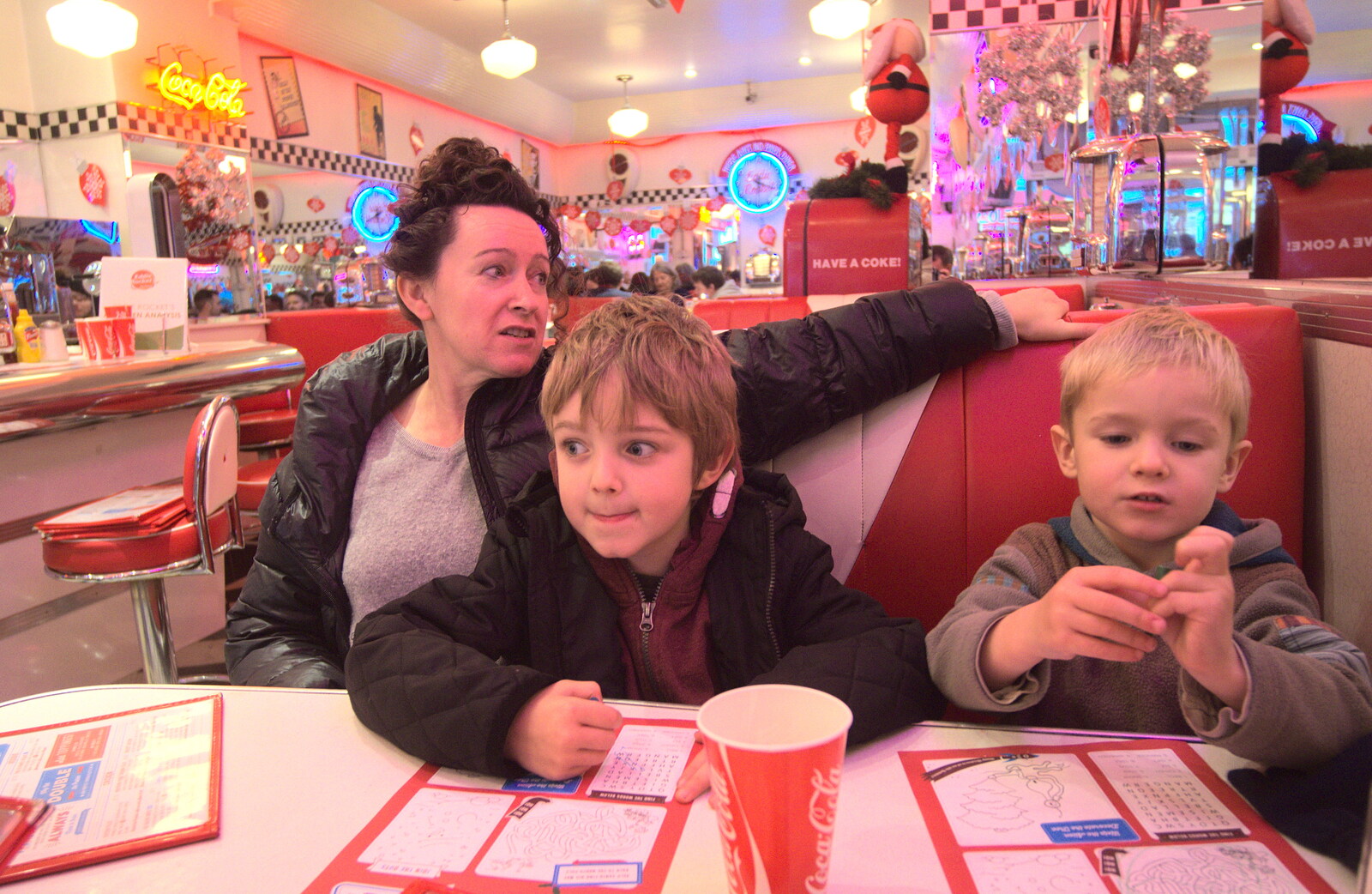 Evelyn, Fred and Harry in Eddie Rocket's burger bar from Christmas Eve in Dublin and Blackrock, Ireland - 24th December 2015