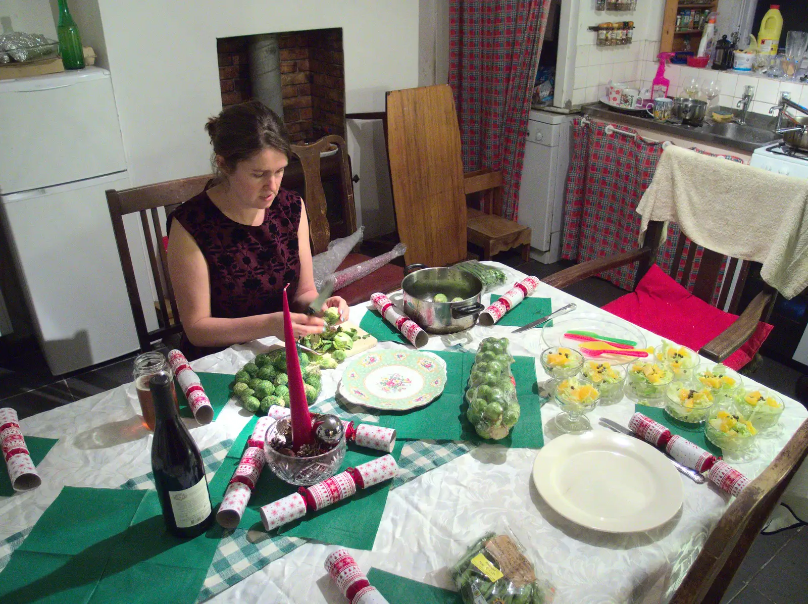 Isobel does the classic sprouts Christmas job, from Christmas in Blackrock and St. Stephen's in Ballybrack, Dublin, Ireland - 25th December 2015