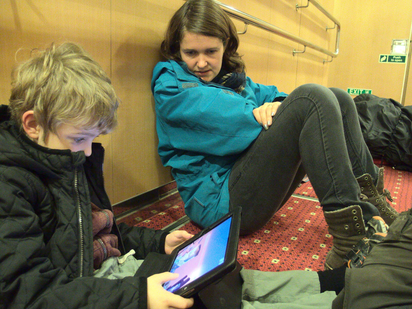 Fred plays Minecraft on the floor of Deck 10 from Blackrock North and the Ferry Home, County Louth and the Irish Sea - 27th December 2015