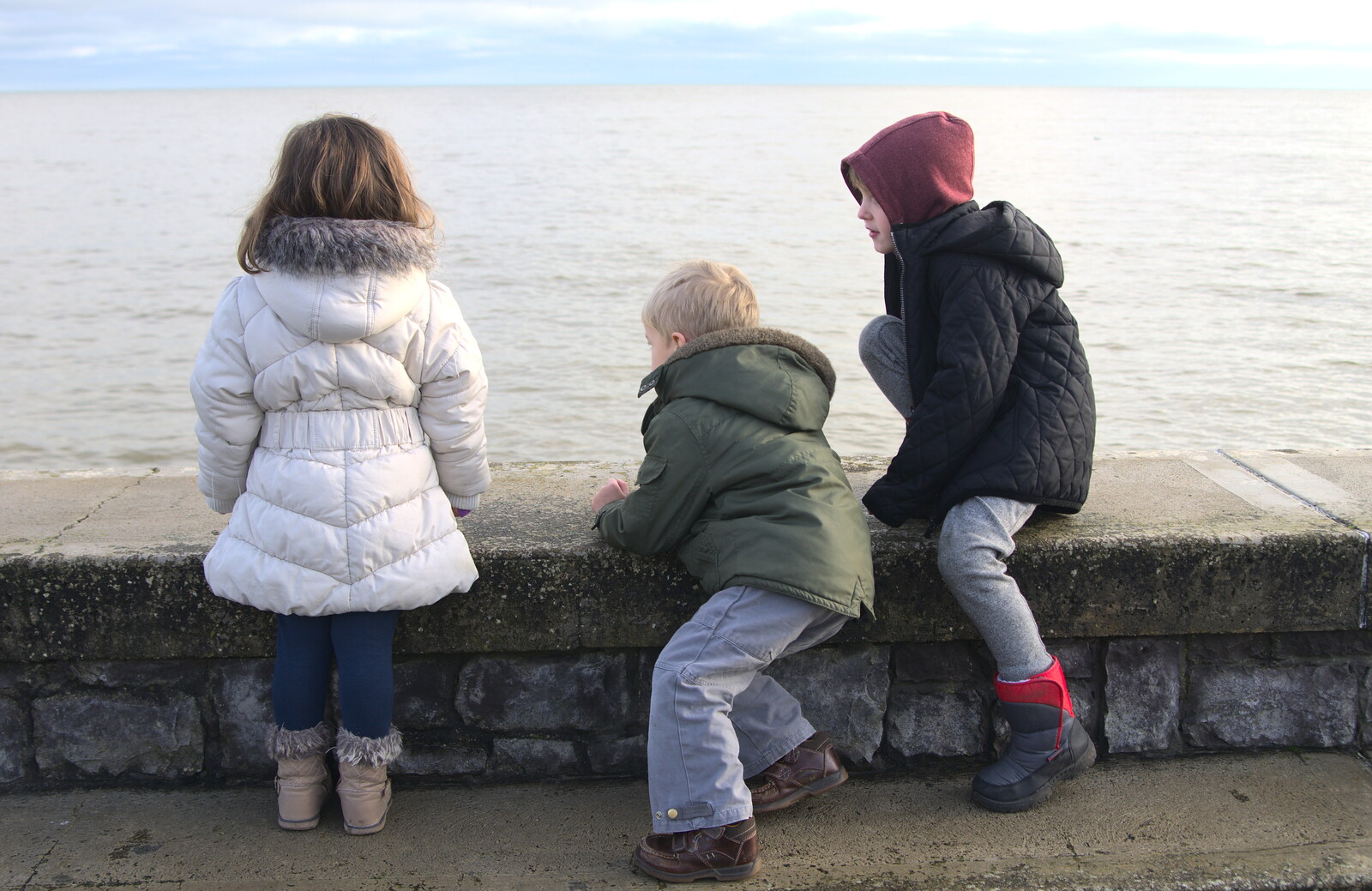 Annalua, Harry and Fred look out to sea from Blackrock North and the Ferry Home, County Louth and the Irish Sea - 27th December 2015