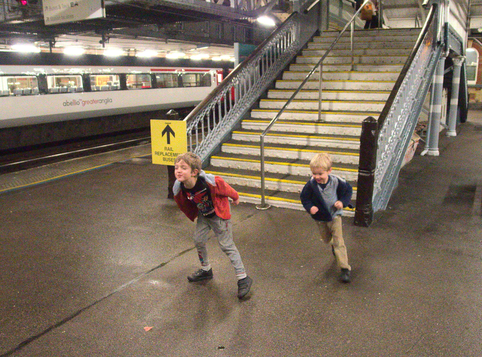 The boys run around on the platform from Isobel Goes to Lyon, Ipswich Station, Burrell Road - 24th January 2016