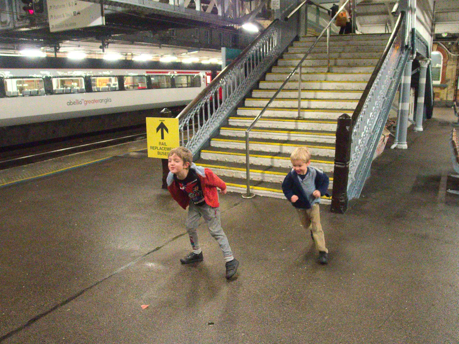 The boys run around on the platform, from Isobel Goes to Lyon, Ipswich Station, Burrell Road - 24th January 2016