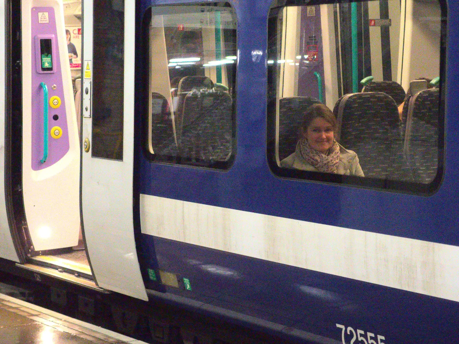 Isobel waits on the commuter train, from Isobel Goes to Lyon, Ipswich Station, Burrell Road - 24th January 2016