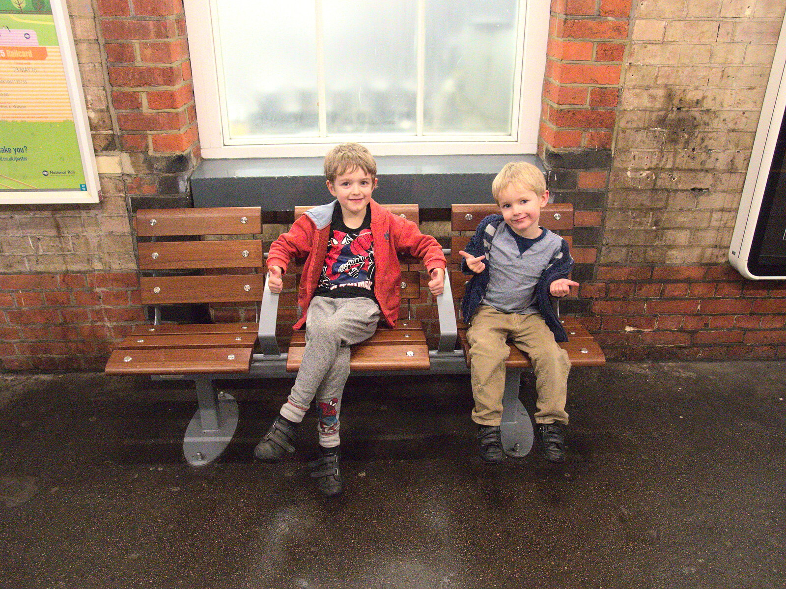 Fred and Harry sit down and pose from Isobel Goes to Lyon, Ipswich Station, Burrell Road - 24th January 2016