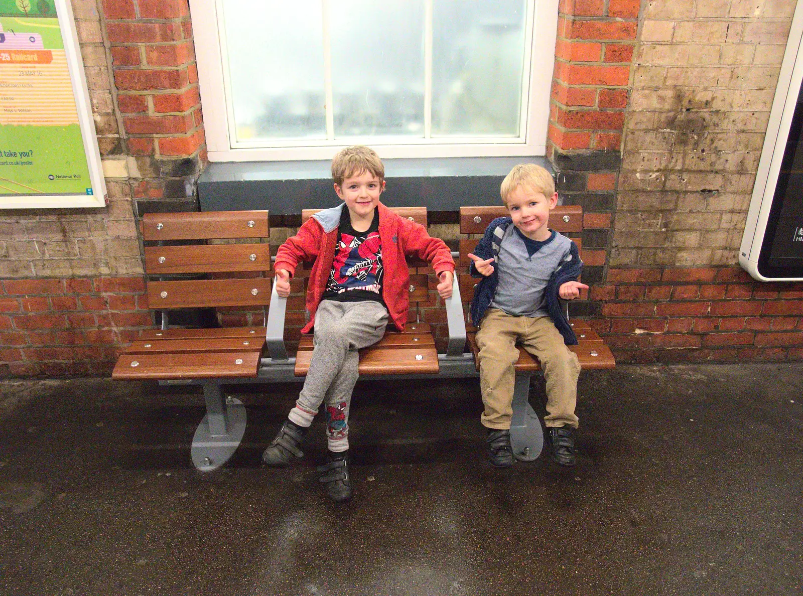 Fred and Harry sit down and pose, from Isobel Goes to Lyon, Ipswich Station, Burrell Road - 24th January 2016