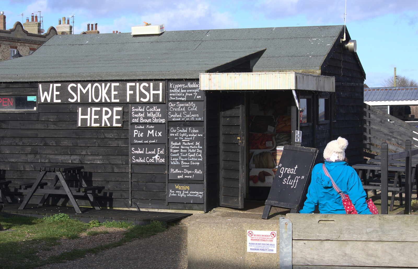 A Trip to Aldeburgh, Suffolk - 7th February 2016: Isobel hangs around outside a fish hut