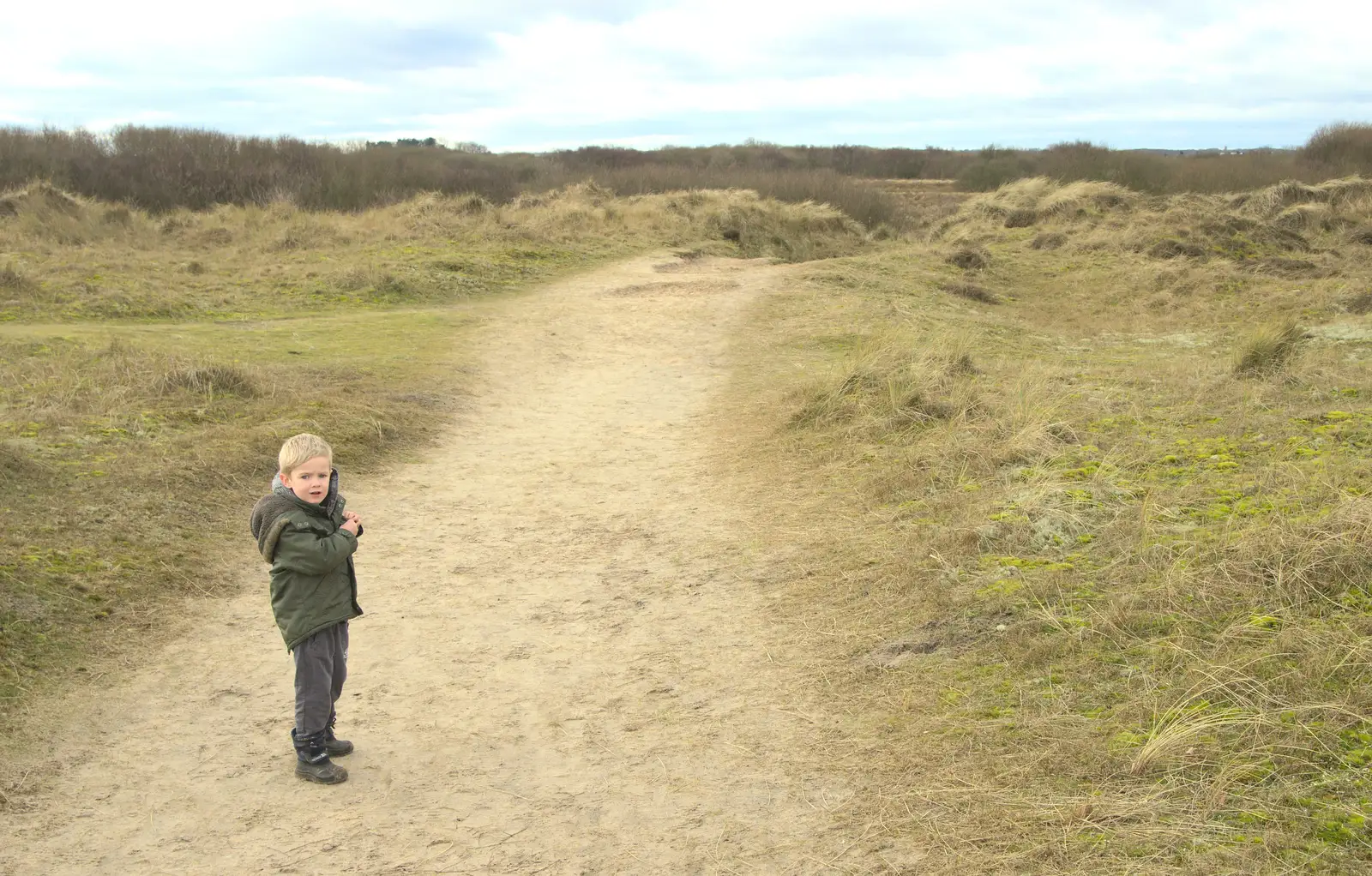 Harry looks hesitant on the path to the beach, from The Seals of Horsey Gap, Norfolk - 21st February 2016