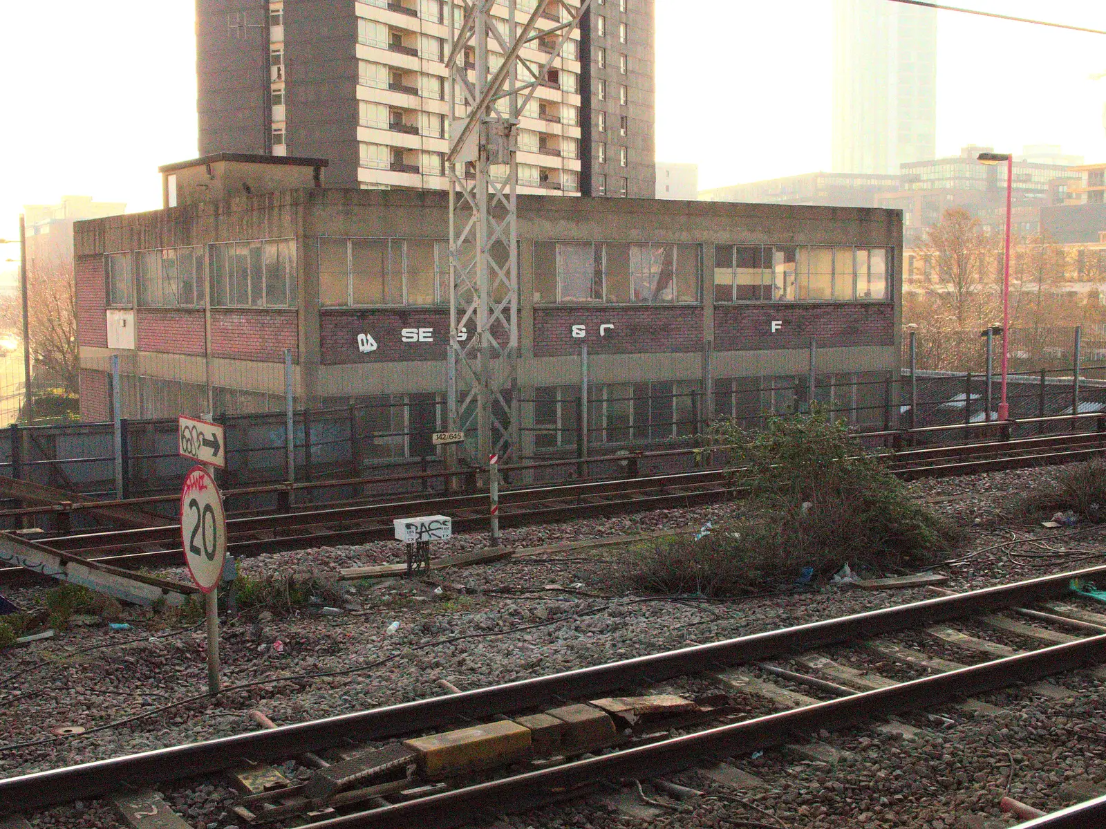 The derelict office and its falling sign, from A SwiftKey Power Cut, Southwark Bridge Road, London - 4th March 2016