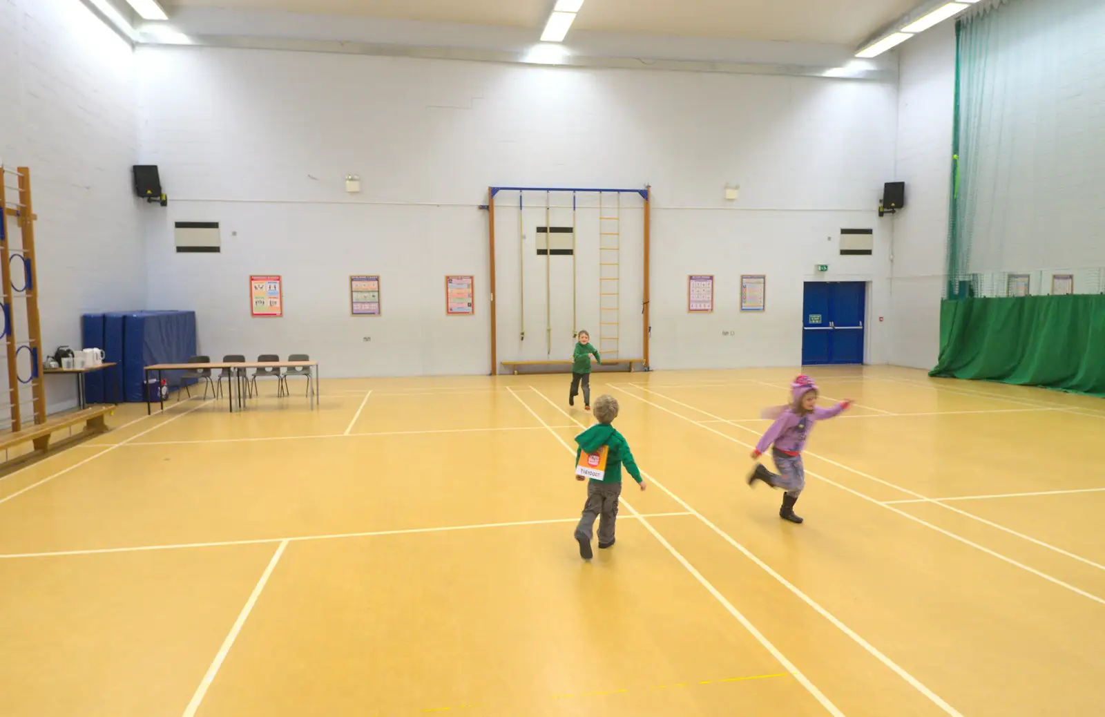 The boys run around in the sports hall, from Isobel's Hartismere Run, Castleton Way, Eye, Suffolk - 16th March 2016