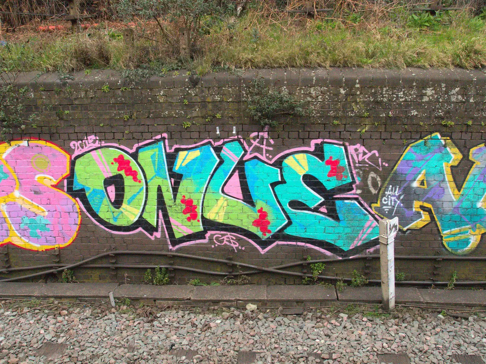 Colourful railway graffiti, from Another Trip to Banham Zoo, Banham, Norfolk - 25th March 2016