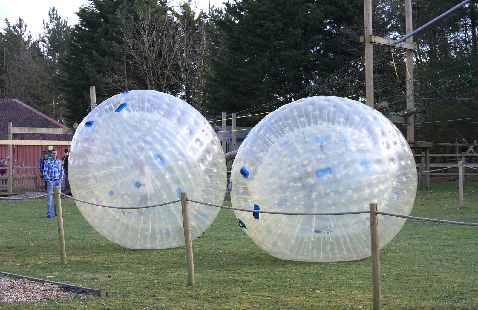 A couple of people roll around in zorb balls from Another Trip to Banham Zoo, Banham, Norfolk - 25th March 2016