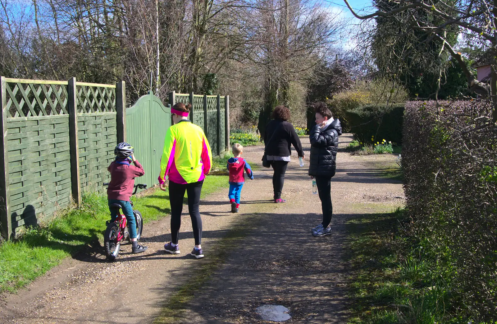 The sisters, plus Fred and Harry, head off down the drive, from Harry's Birthday, Brome, Suffolk - 28th March 2016