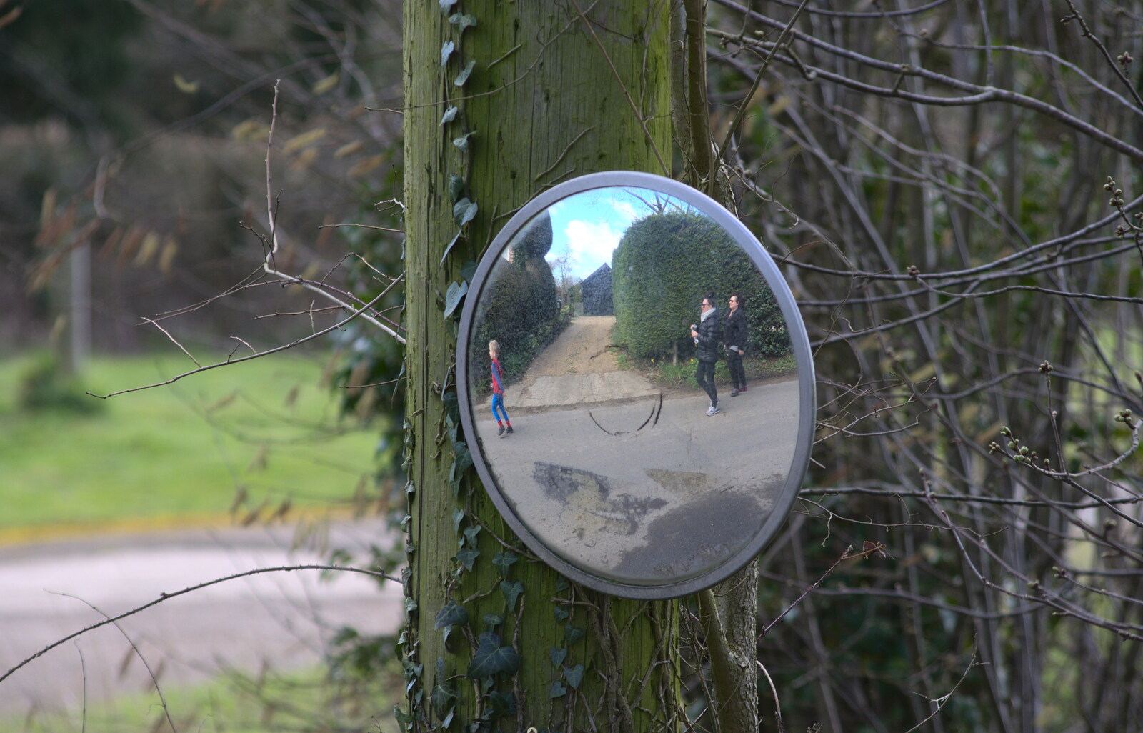 Harry and Da Gorls walk past a mirror from Harry's Birthday, Brome, Suffolk - 28th March 2016