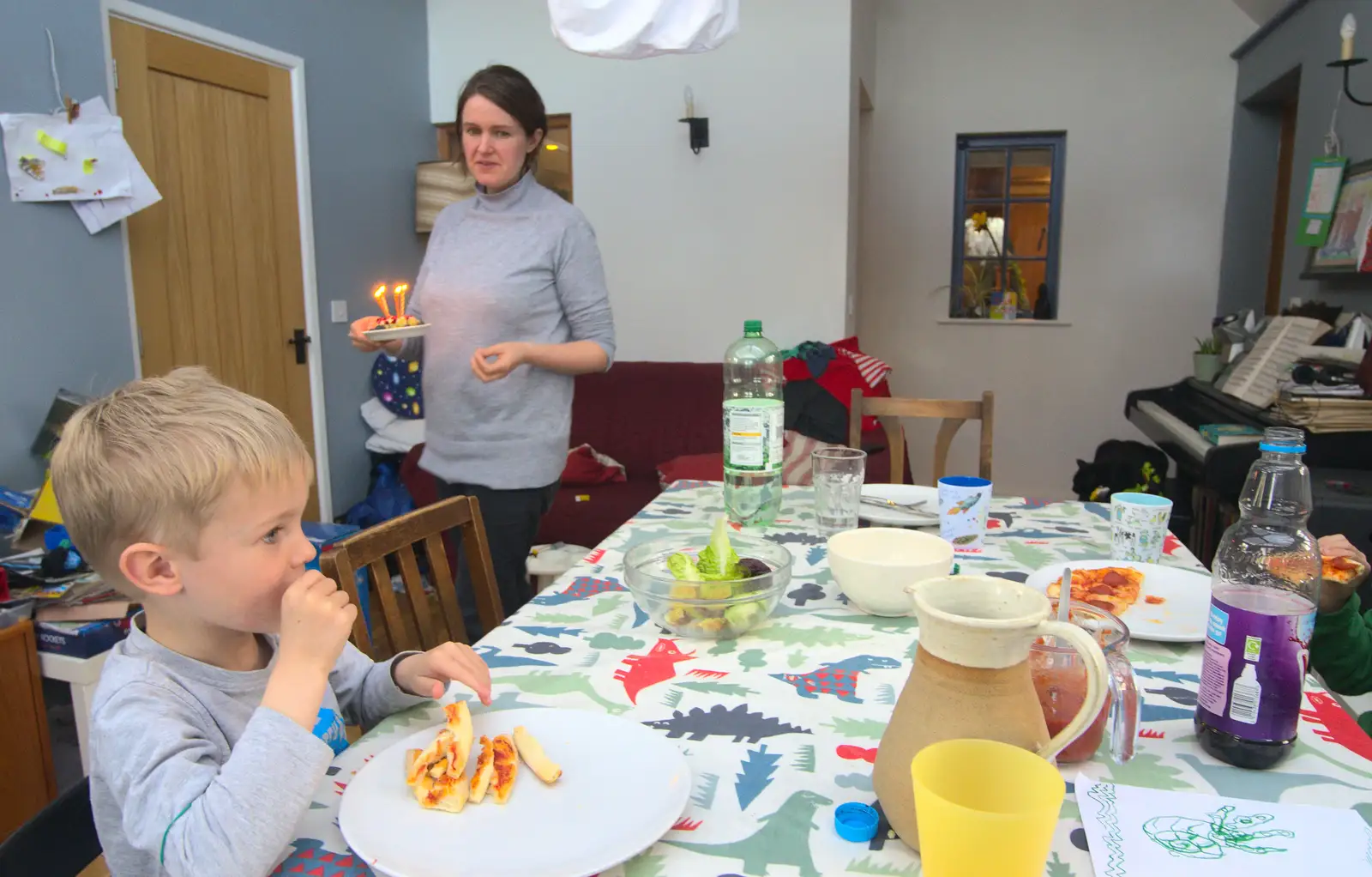 Harry eats home-made pizza, from Harry's Birthday, Brome, Suffolk - 28th March 2016