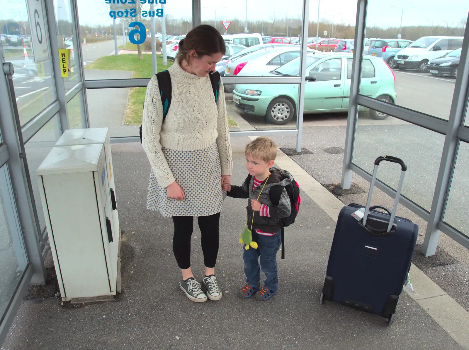 Isobel and Harry at the long-stay bus stop, from A Trip to Albufeira: The Hotel Paraiso, Portugal - 3rd April 2016