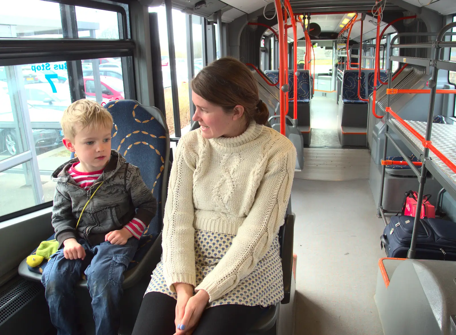 Harry and Isobel on the bendy bus to Stansted, from A Trip to Albufeira: The Hotel Paraiso, Portugal - 3rd April 2016