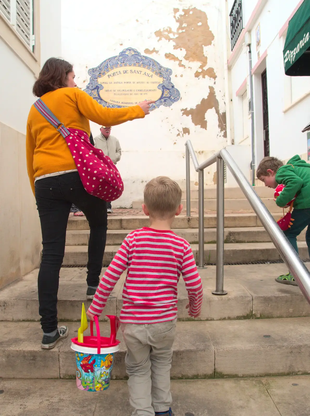 Harry carries a bucket up some steps, from A Trip to Albufeira: The Hotel Paraiso, Portugal - 3rd April 2016