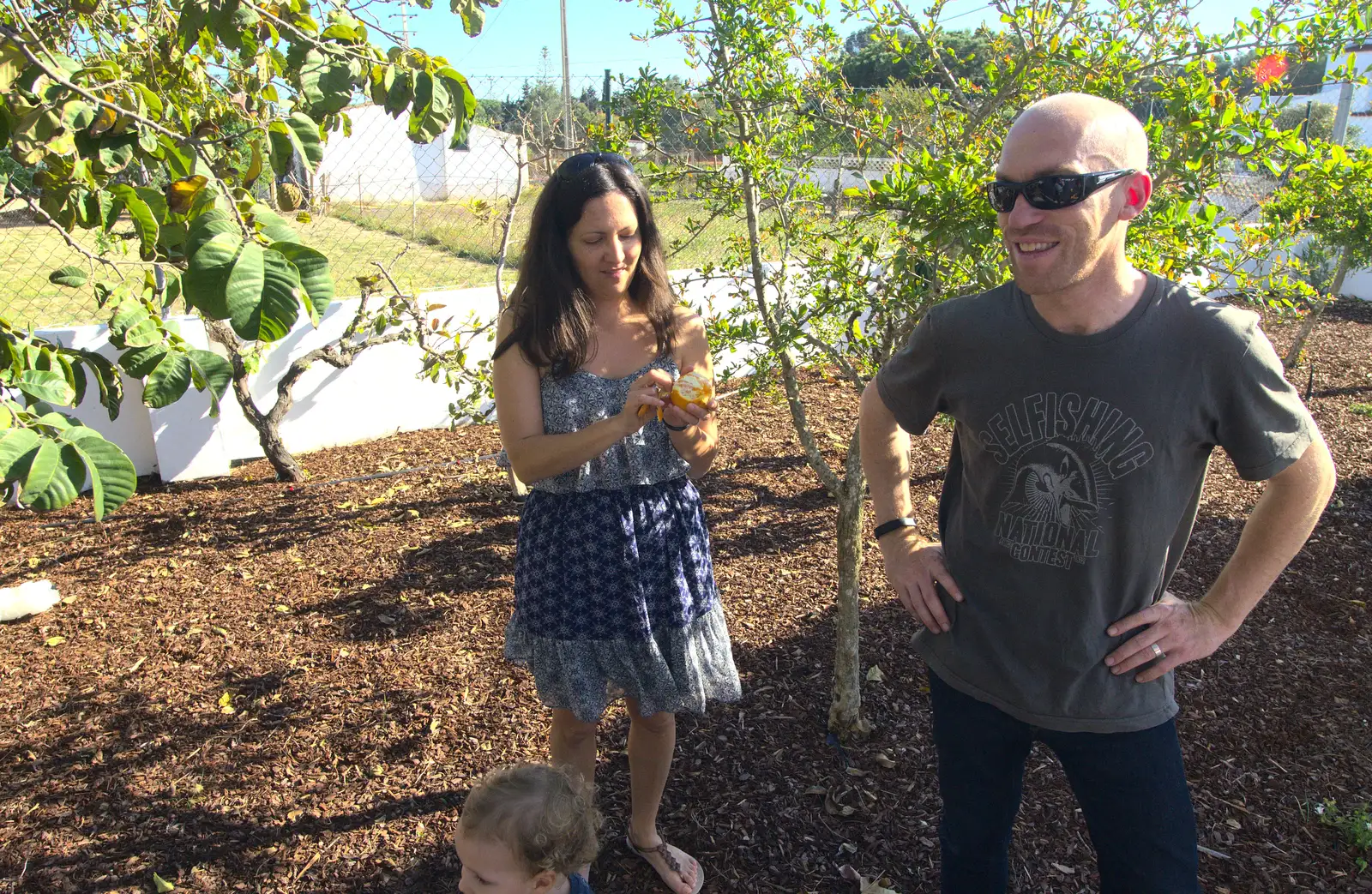 Vanessa and Gary amongst the satsuma trees, from Gary and Vanessa's Barbeque, Alcantarilha, Algarve, Portugal - 7th April 2016