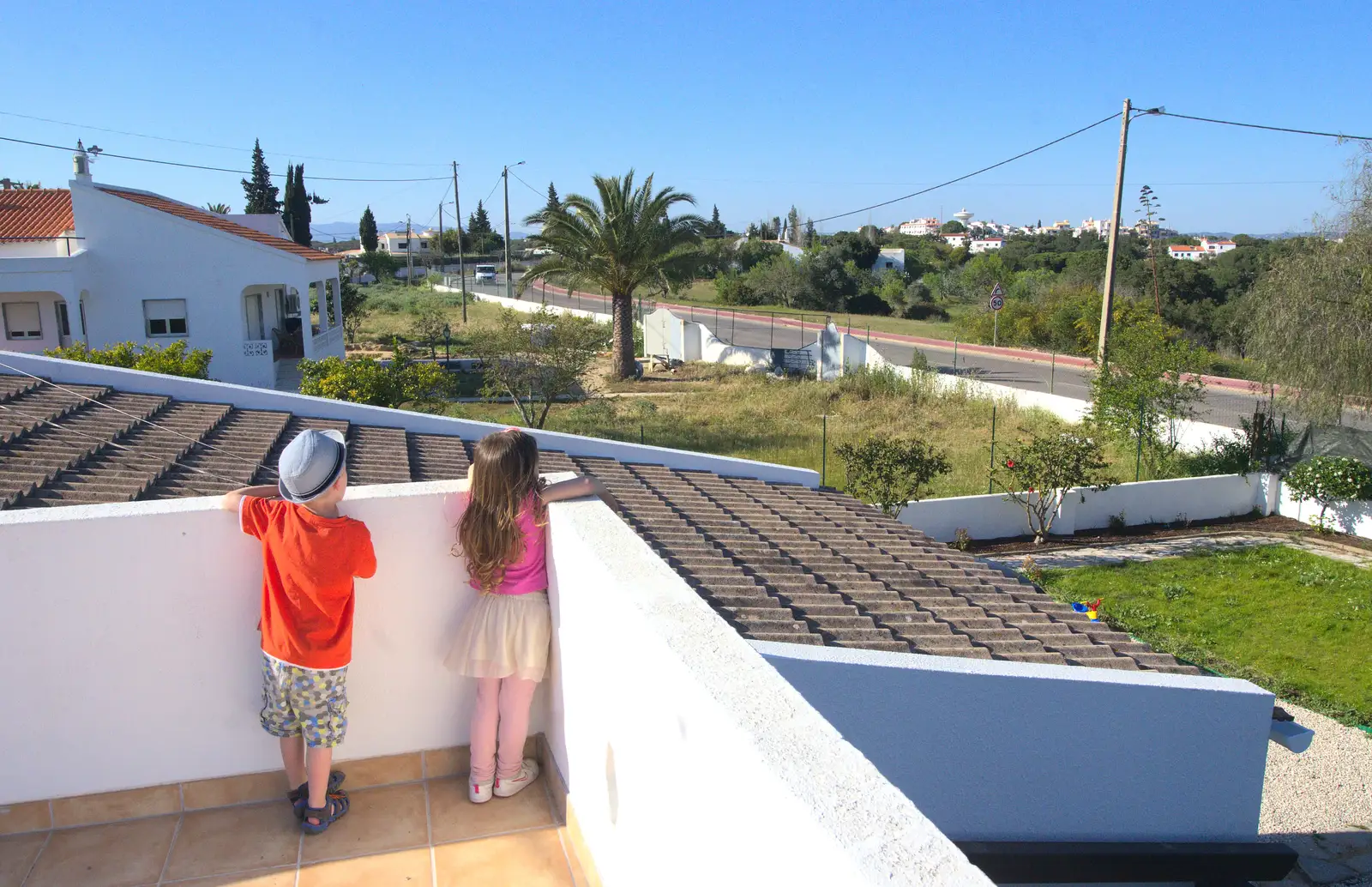 Harry and Elanna look out from the rooftop, from Gary and Vanessa's Barbeque, Alcantarilha, Algarve, Portugal - 7th April 2016