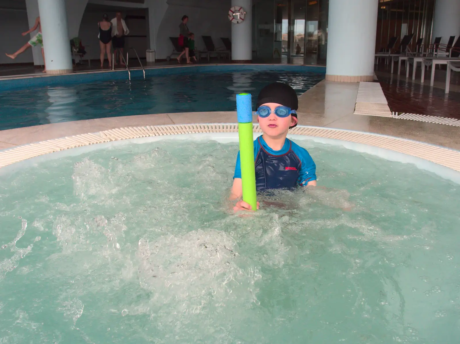 Fred checks out his pool noodle, from Last Days and the Journey Home, Albufeira, Portugal - 9th April 2016