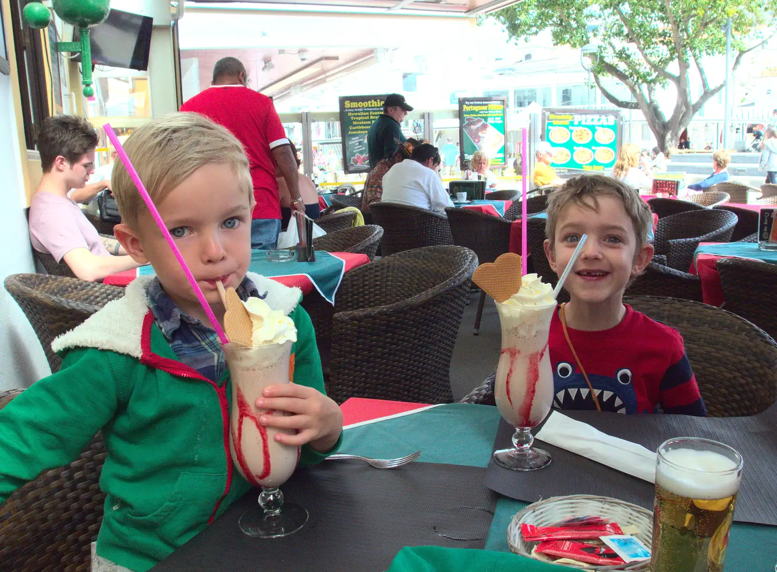 Harry and Fred get in some giant milkshakes, from Last Days and the Journey Home, Albufeira, Portugal - 9th April 2016