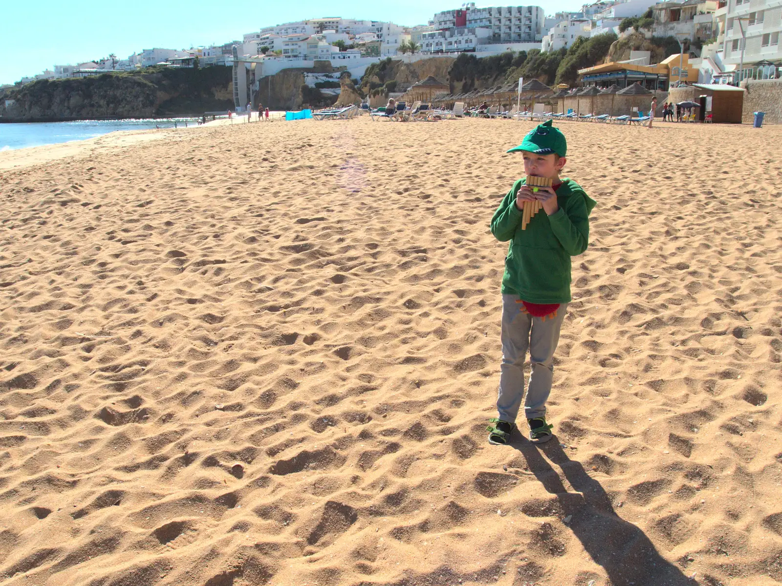 Fred plays Pan pipes on the beach, from Last Days and the Journey Home, Albufeira, Portugal - 9th April 2016