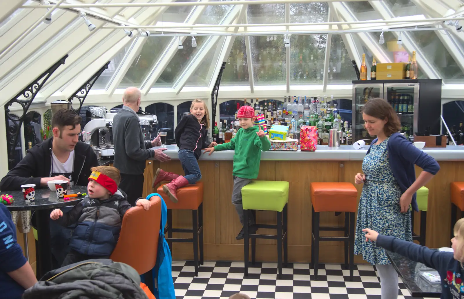 Sophie and Fred look over from the bar, from Harry's Pirate Party, The Oaksmere, Brome, Suffolk - 16th April 2016