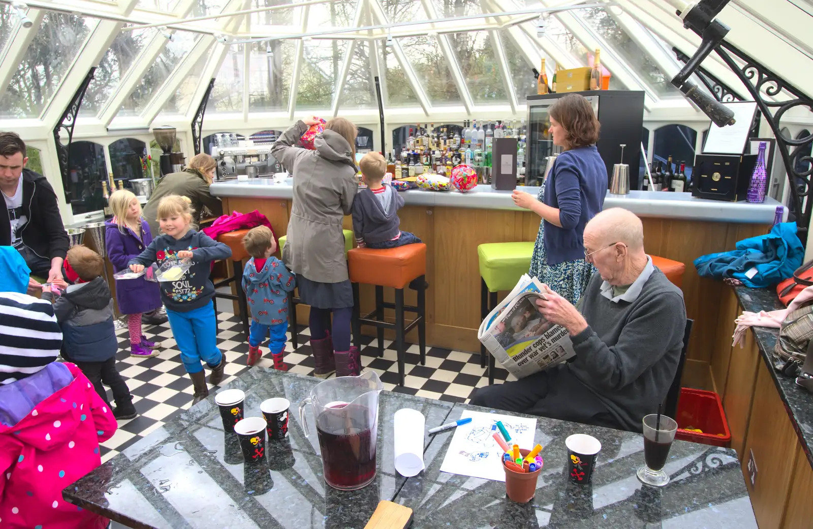 Grandad reads the paper, from Harry's Pirate Party, The Oaksmere, Brome, Suffolk - 16th April 2016