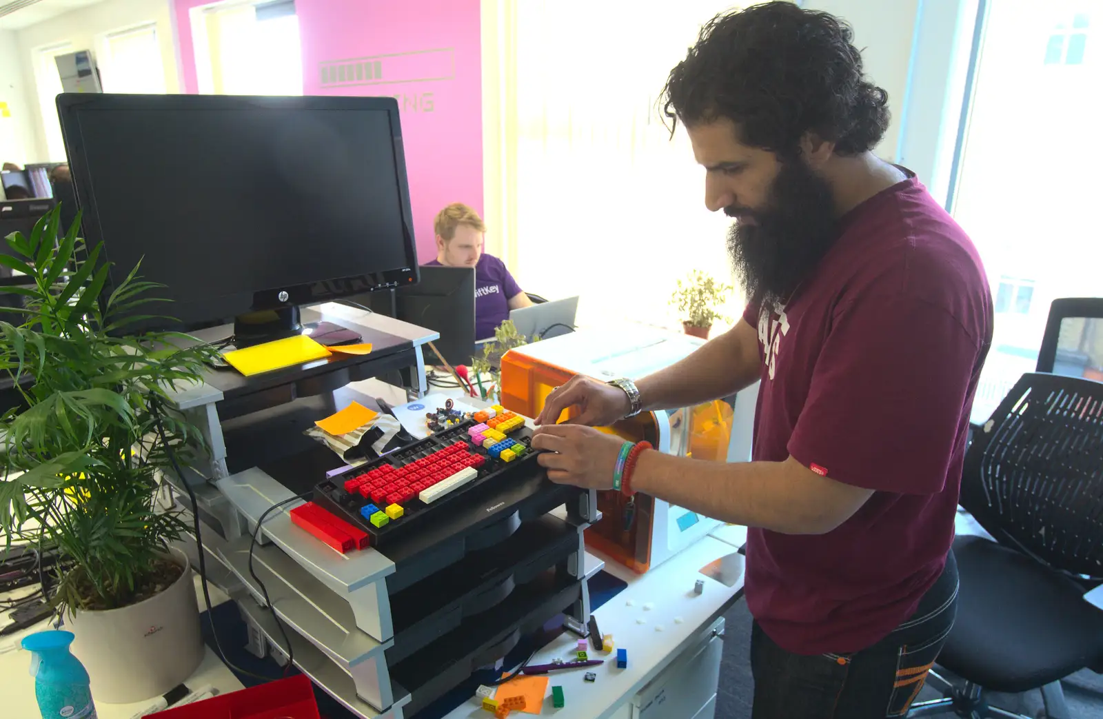 Zoheb works on his 3D-printed lego keyboard, from A SwiftKey Innovation Week, Southwark, London - 22nd April 2016