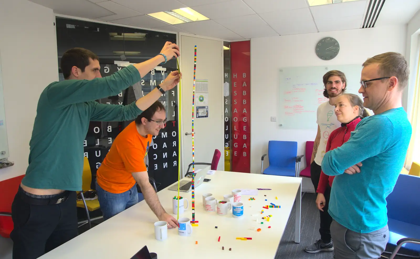 Lachie and Fran measure a Lego tower, from A SwiftKey Innovation Week, Southwark, London - 22nd April 2016