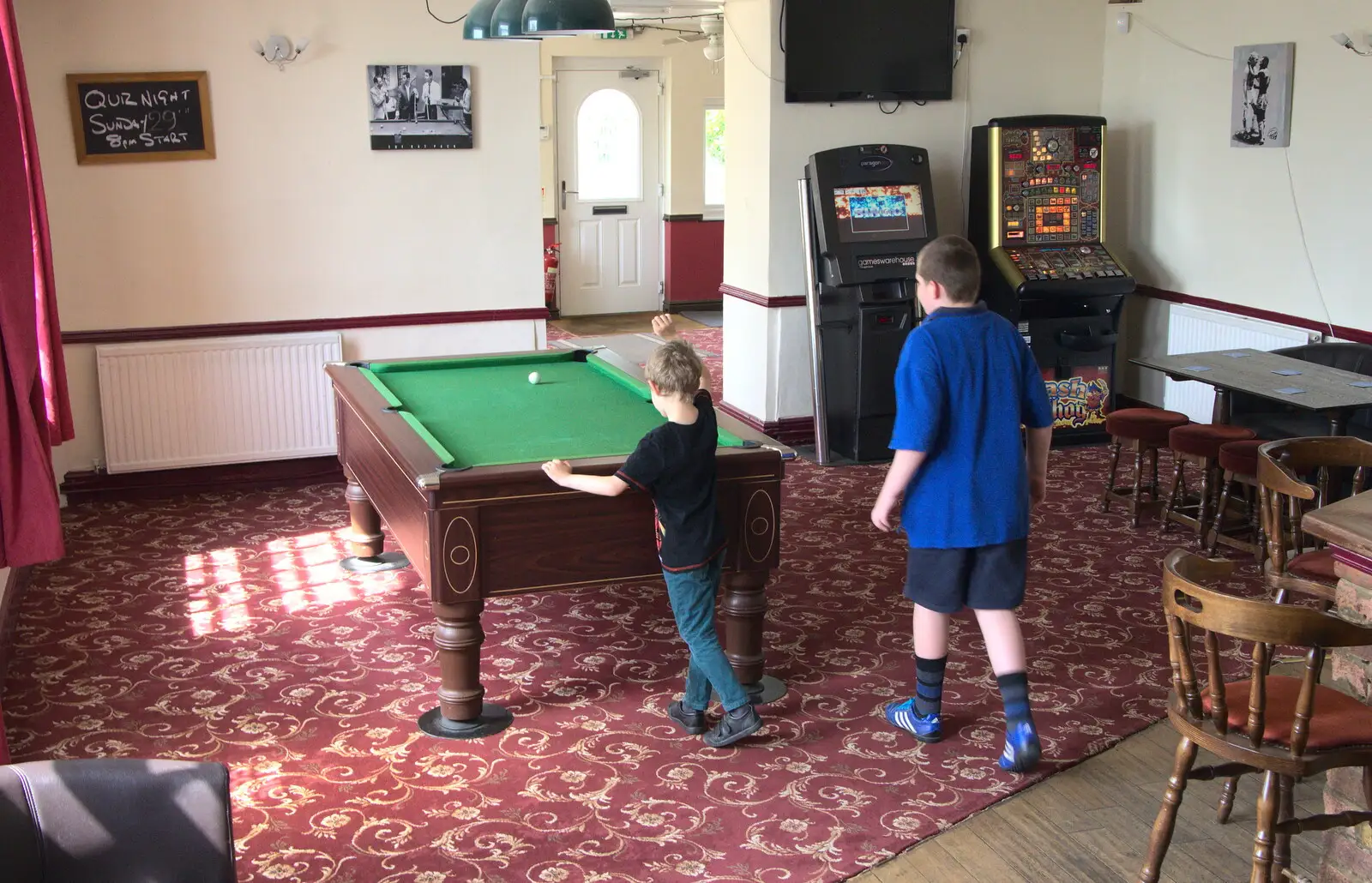 Fred and Matthew mess around on the pool table, from The BSCC Cycling Weekender, Outwell, West Norfolk - 7th May 2016