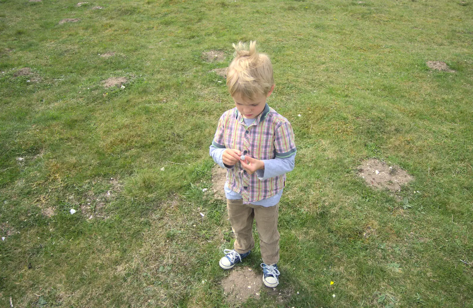 Harry looks at something he picked up, from A Trip to Grime's Graves, Thetford, Norfolk - 8th May 2016