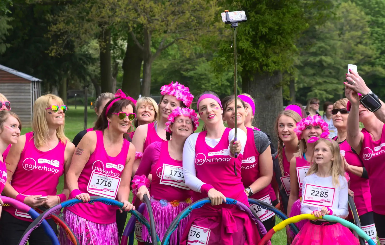 A pink posse does a selfie-on-a-stick, from Isobel's Race for Life, Costessey, Norwich - 15th May 2016