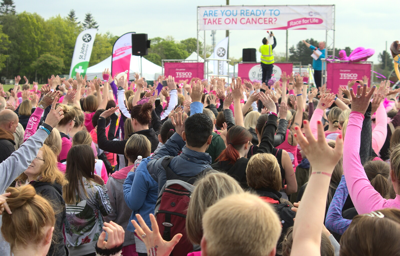 Hands in the air for a mass crowd selfie from Isobel's Race for Life, Costessey, Norwich - 15th May 2016
