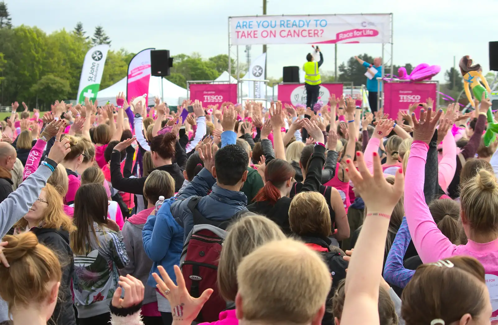 Hands in the air for a mass crowd selfie, from Isobel's Race for Life, Costessey, Norwich - 15th May 2016