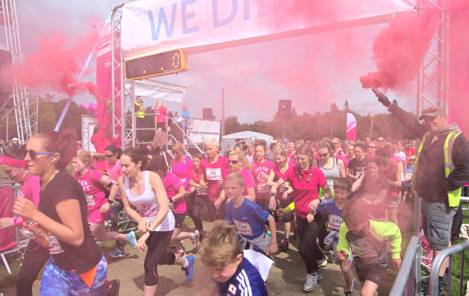 The race starts in a cloud of red smoke from Isobel's Race for Life, Costessey, Norwich - 15th May 2016