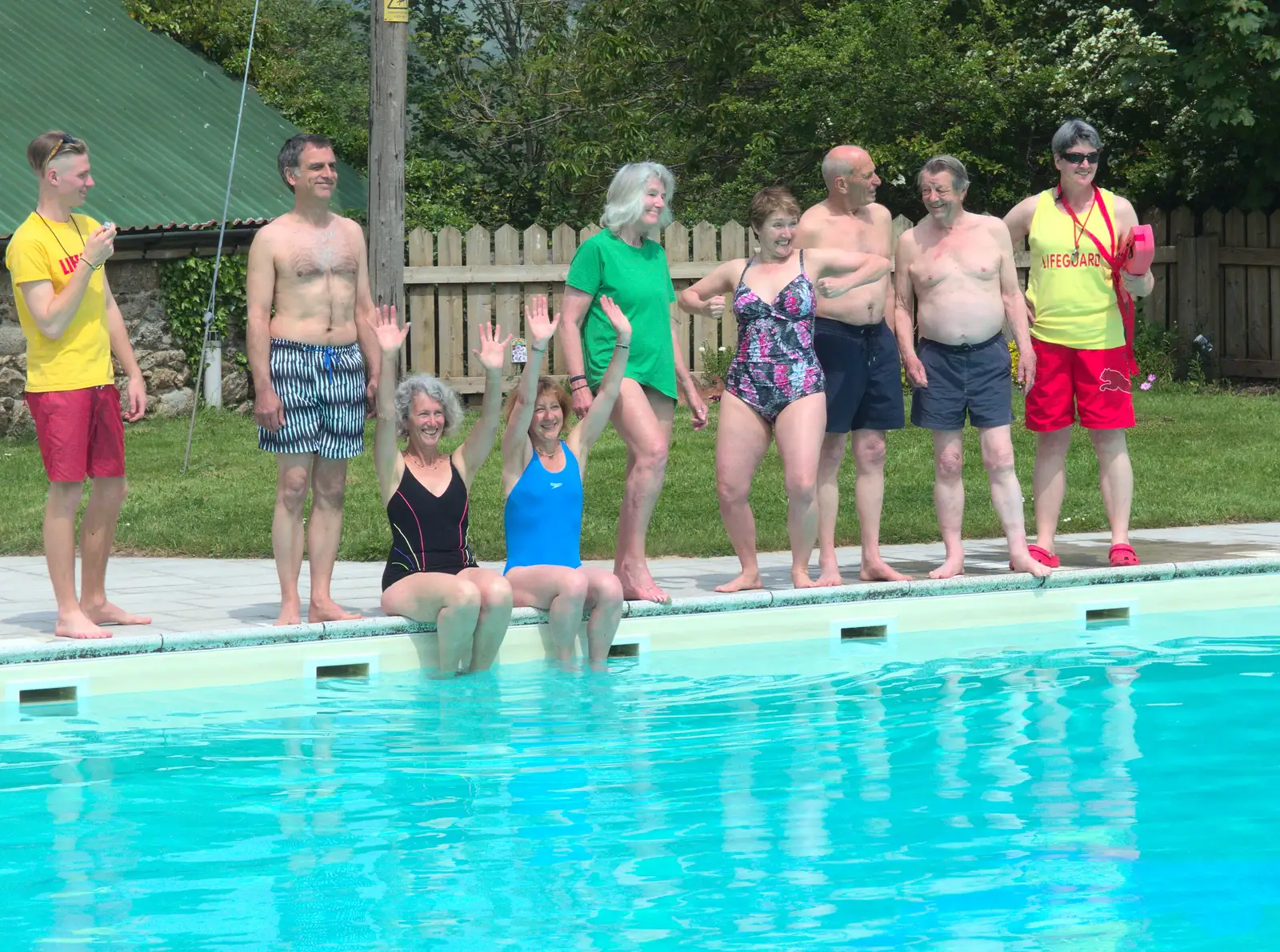 The committee gets ready for the first swim, from The Grand Re-opening of the Chagford Lido, Chagford, Devon - 28th May 2016