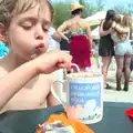 Fred blows on his free mug of hot chocolate, The Grand Re-opening of the Chagford Lido, Chagford, Devon - 28th May 2016