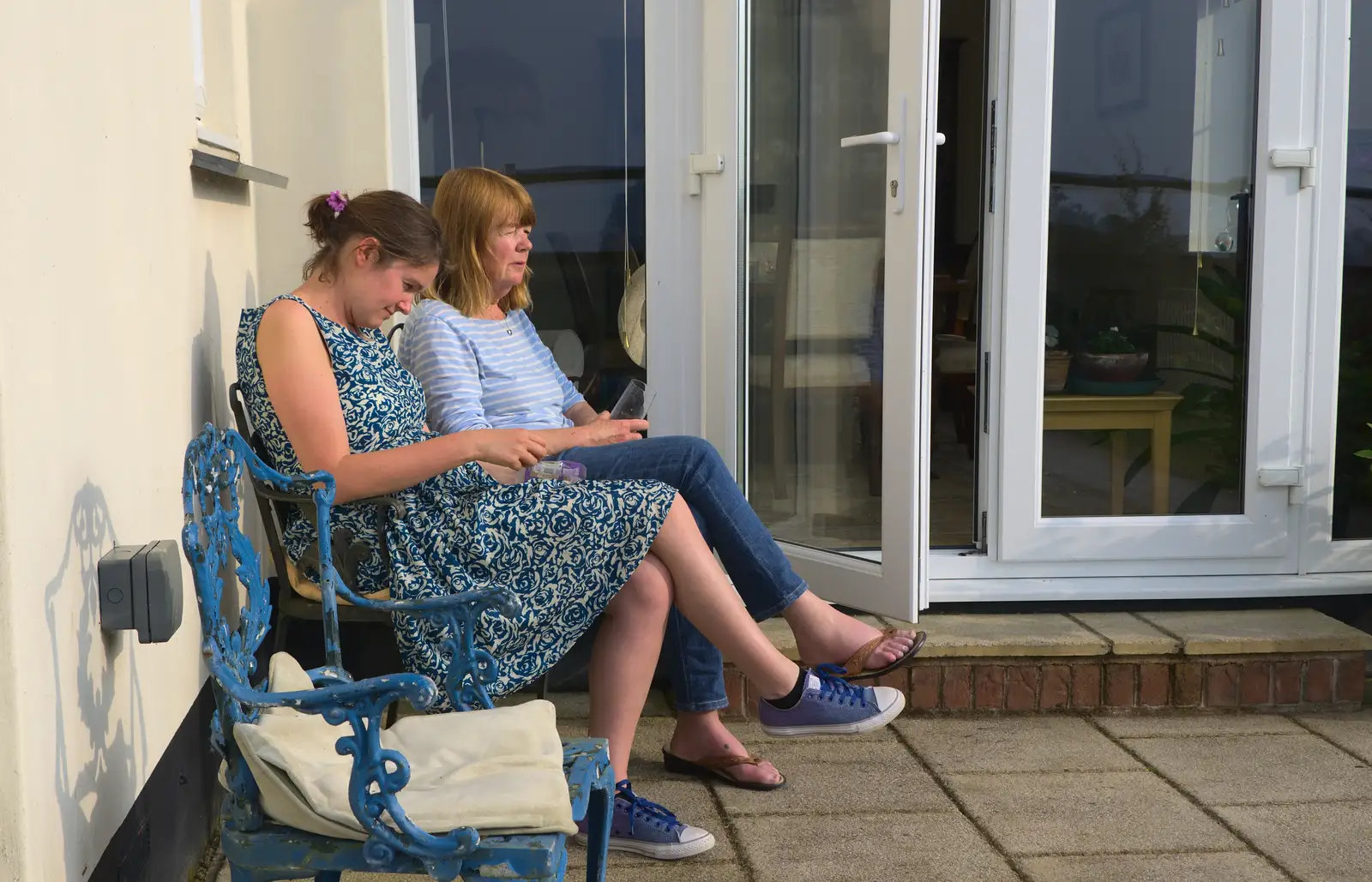 Isobel and Mother on the patio, from A Visit to Okehampton Castle and Dartmoor, Devon  - 28th May 2016