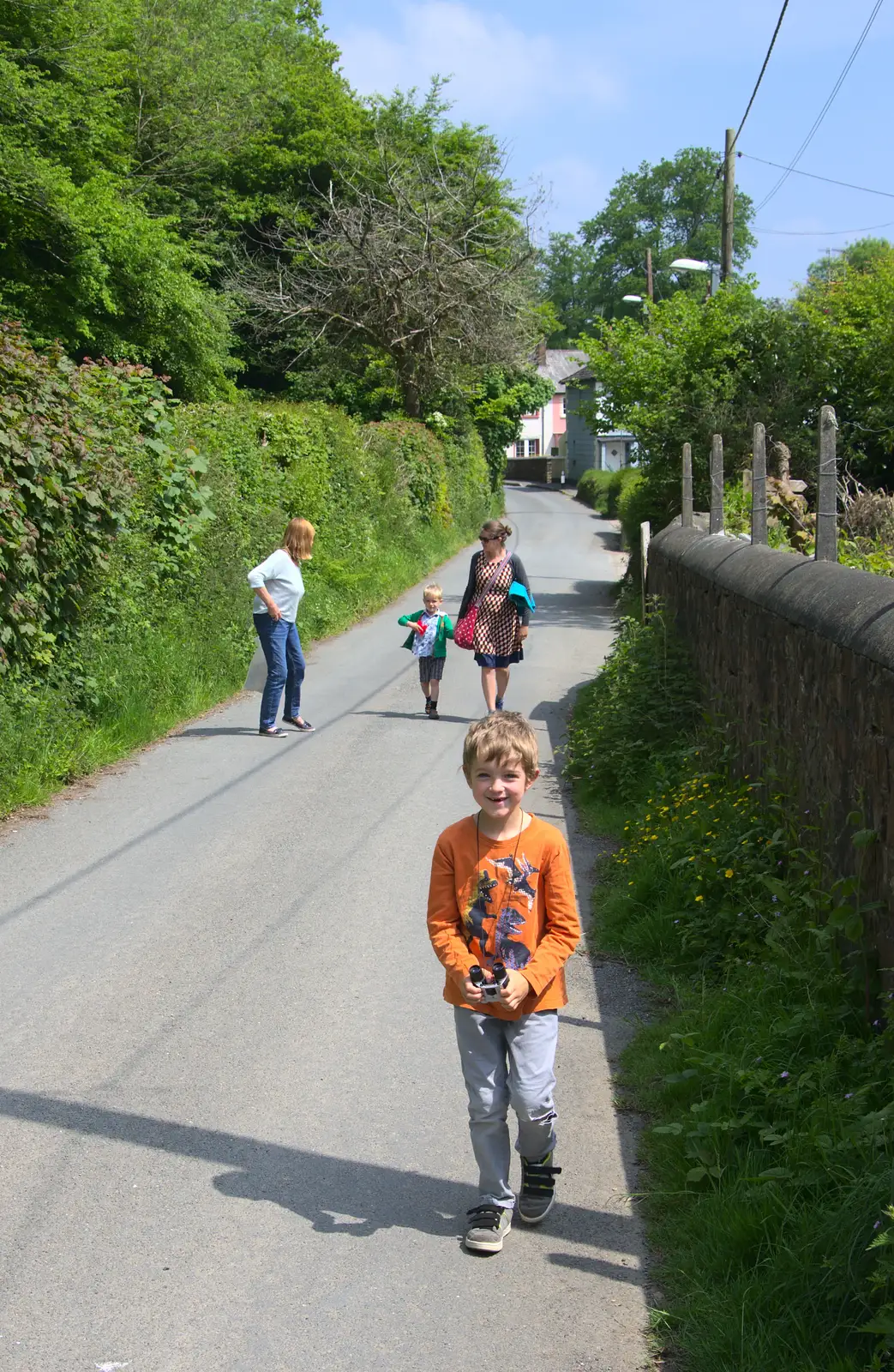 The gang walk down the lane to the castle, from A Visit to Okehampton Castle and Dartmoor, Devon  - 28th May 2016