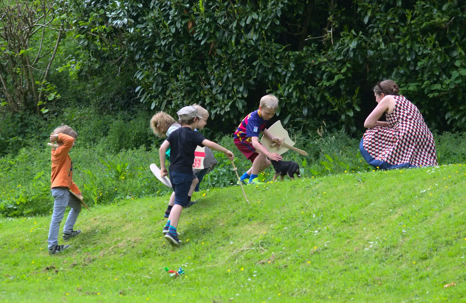 Fighting is paused to see a puppy, from A Visit to Okehampton Castle and Dartmoor, Devon  - 28th May 2016