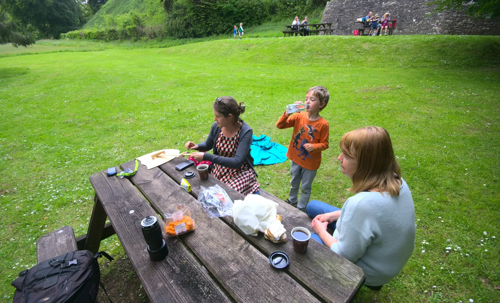 Time for a picnic on the bench, from A Visit to Okehampton Castle and Dartmoor, Devon  - 28th May 2016