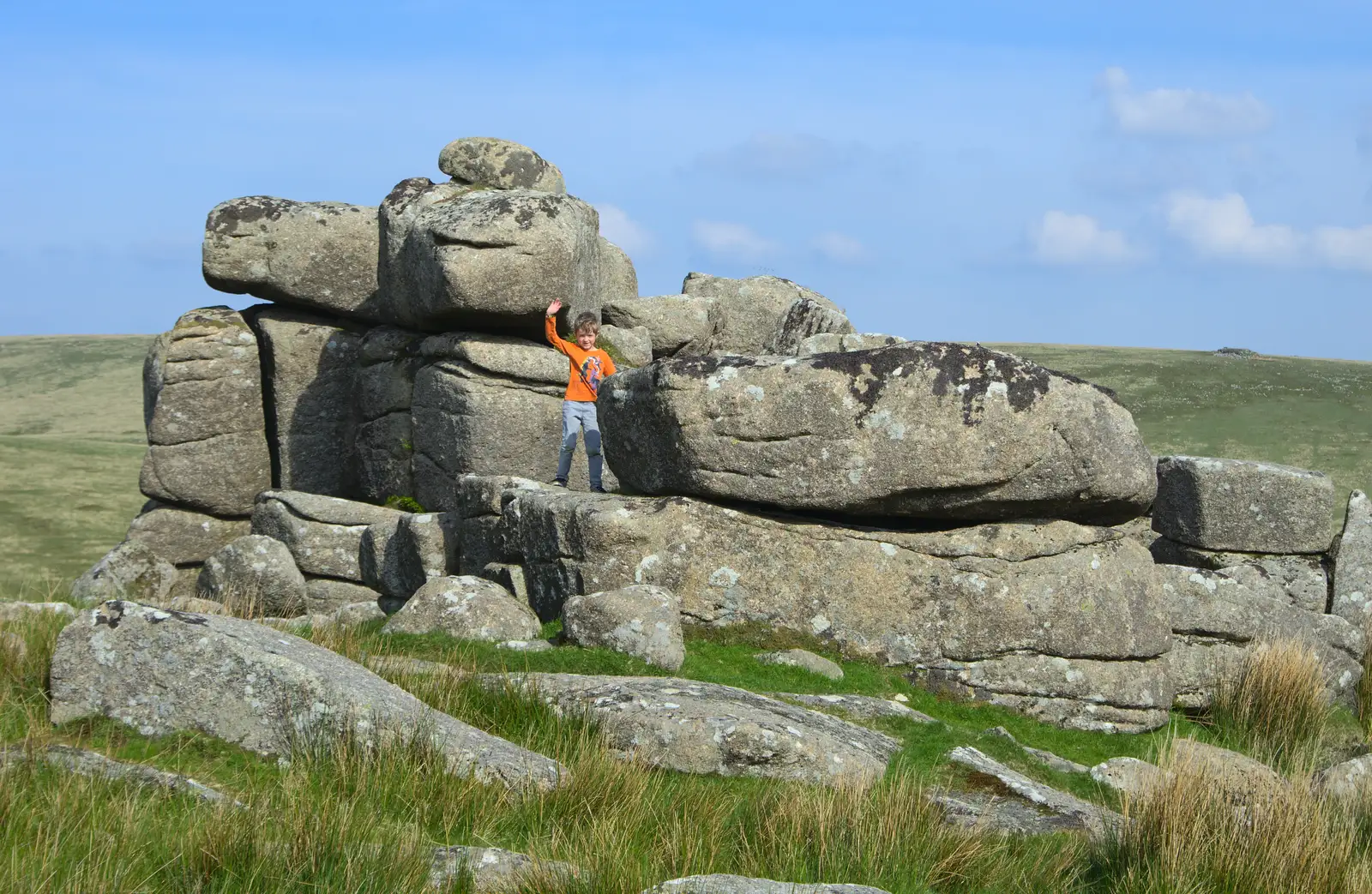 Fred waves from a Tor, from A Visit to Okehampton Castle and Dartmoor, Devon  - 28th May 2016