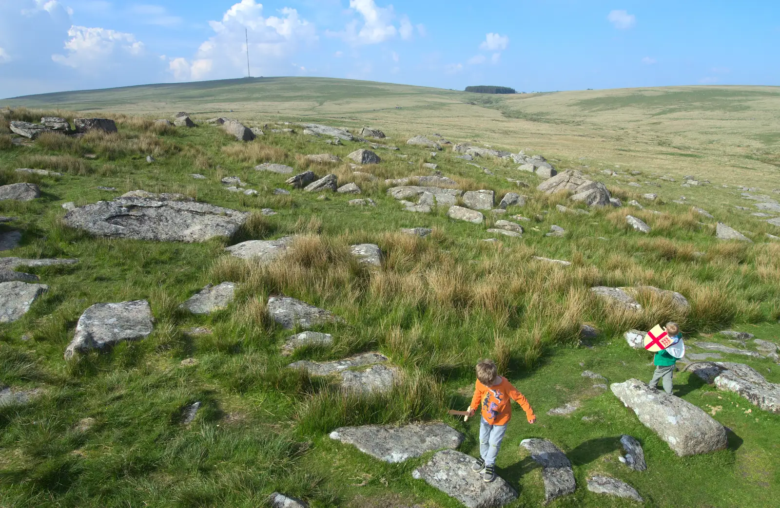 The boys are dots in the landscape, from A Visit to Okehampton Castle and Dartmoor, Devon  - 28th May 2016