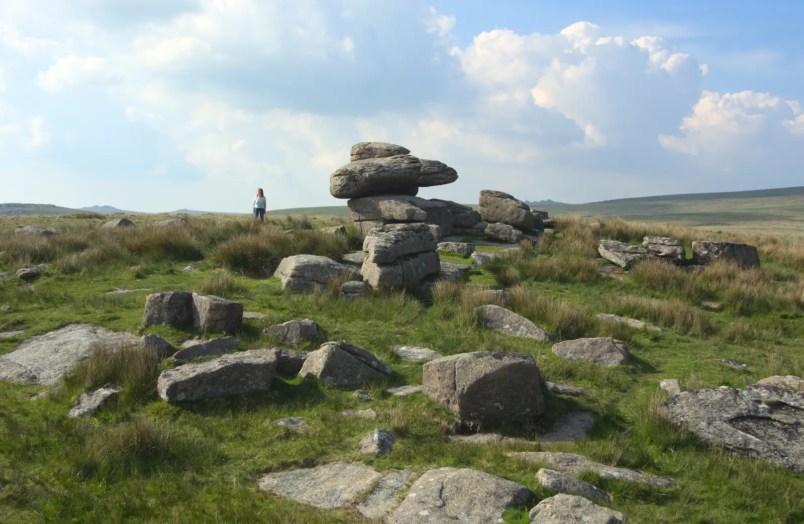 Mother stands near a pile of rocks, from A Visit to Okehampton Castle and Dartmoor, Devon  - 28th May 2016