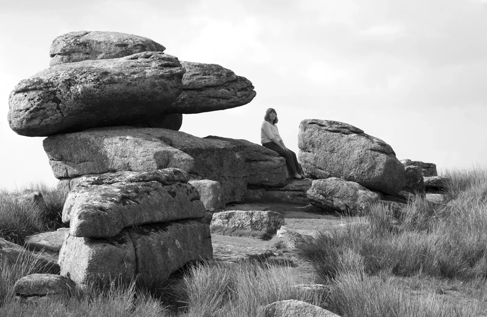 Mother has a sit down on a pile of granite, from A Visit to Okehampton Castle and Dartmoor, Devon  - 28th May 2016