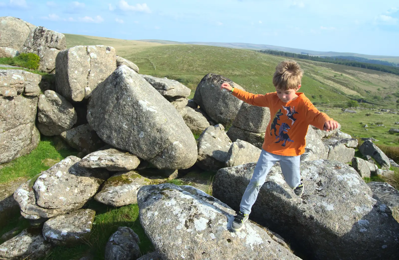 Fred jumps around amongst the rocks, from A Visit to Okehampton Castle and Dartmoor, Devon  - 28th May 2016