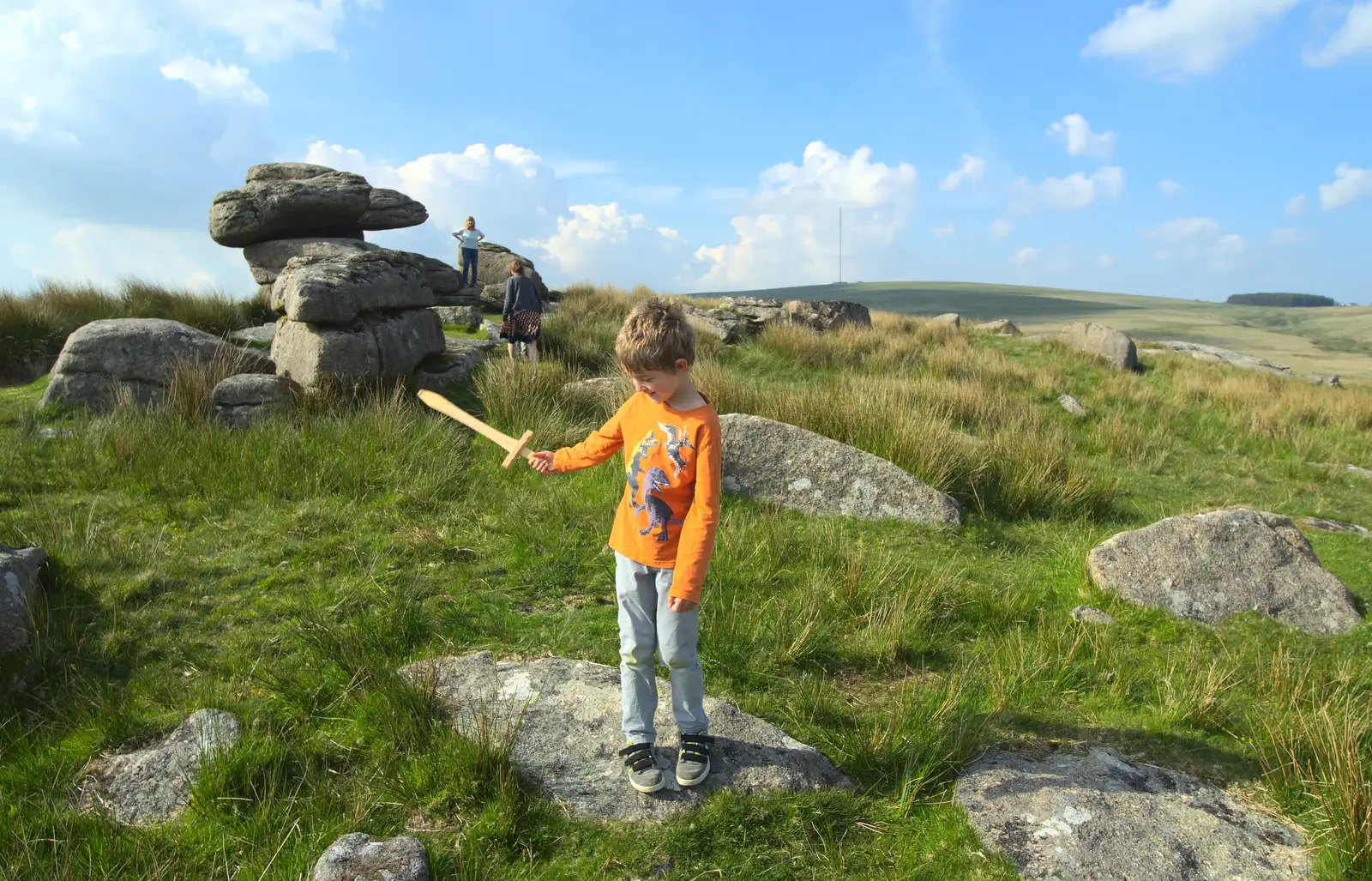 Fred waves a sword around, from A Visit to Okehampton Castle and Dartmoor, Devon  - 28th May 2016