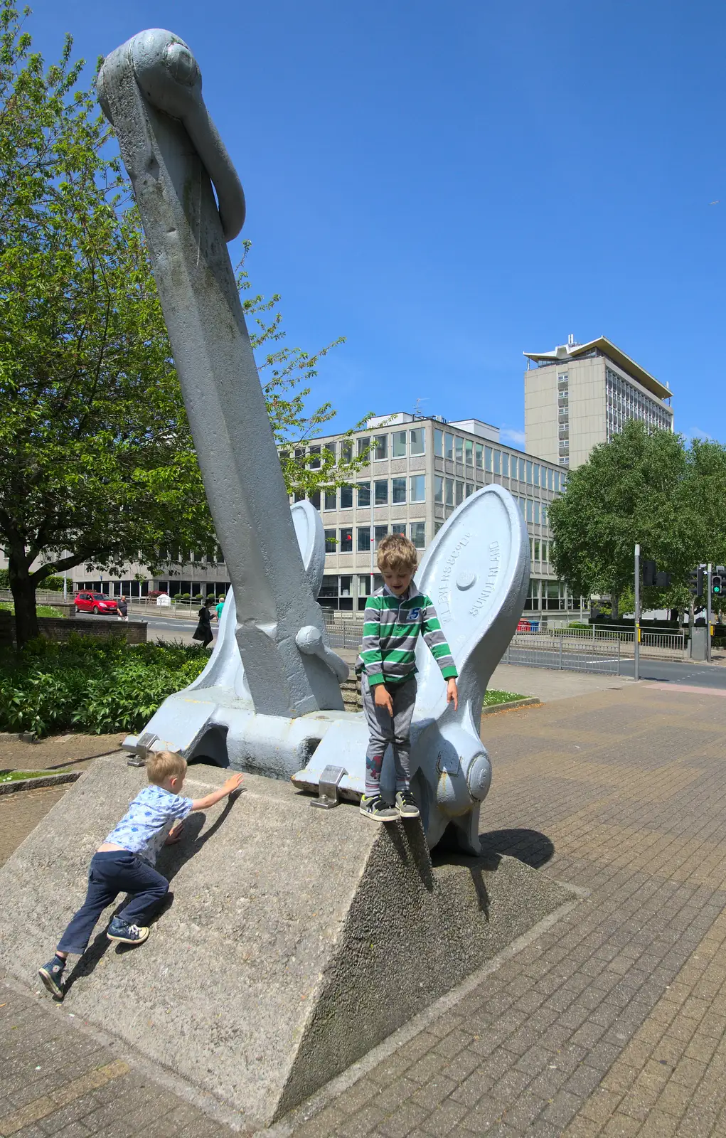 Fred and Harry on the HMS Ark Royal anchor, from A Tamar River Trip, Plymouth, Devon - 30th May 2016